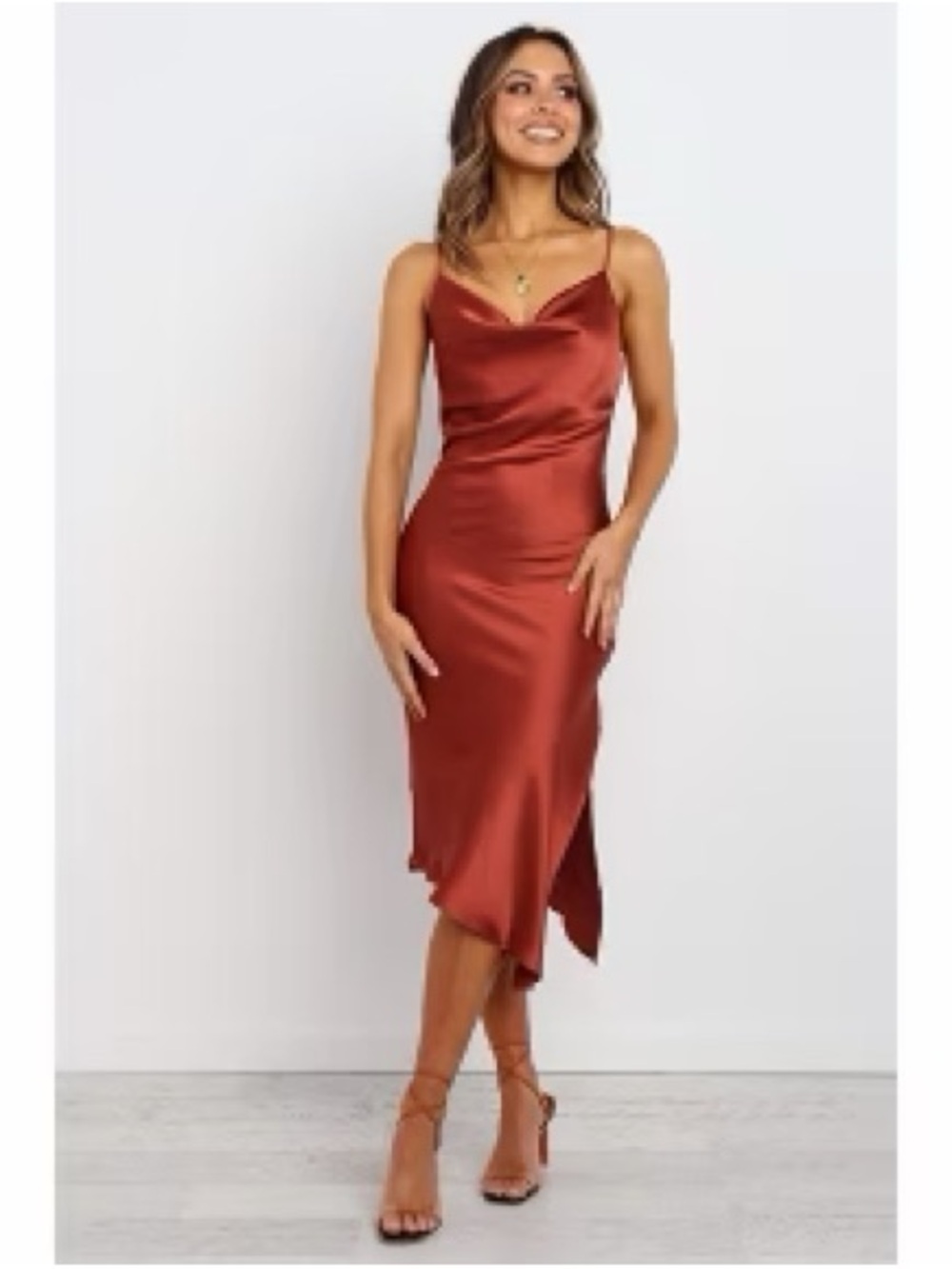 Slip Midi Dress in Rust Red - Minimal Spaghetti Strap